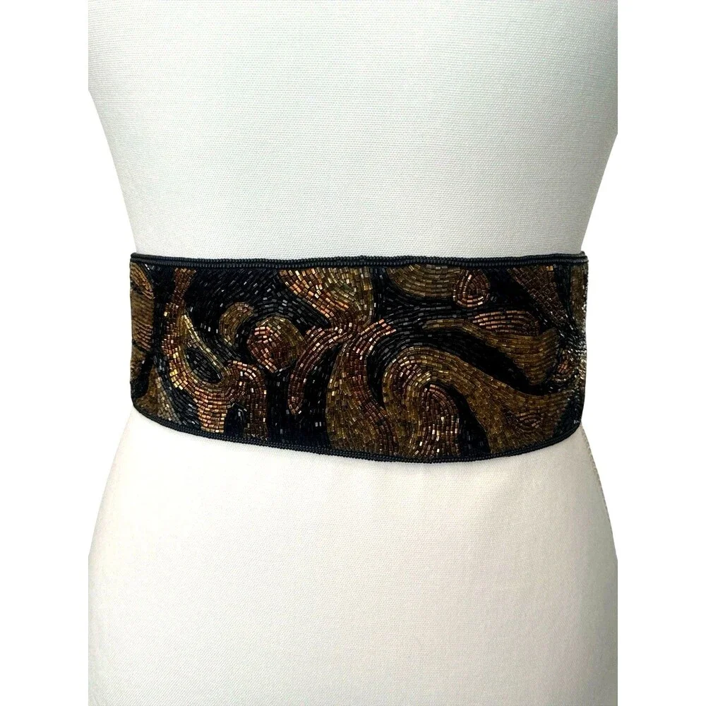 Vintage 1980s La Regale Beaded Waist Belt Bronze Gold Black Art Deco LT